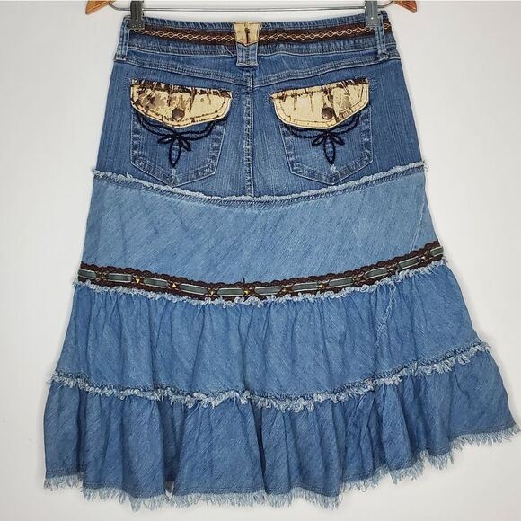 Vintage Y2K 90s 00s Candies Blue Low Rise Denim Studded Ribbon Tiered Skirt Sz 5 - Picture 7 of 9